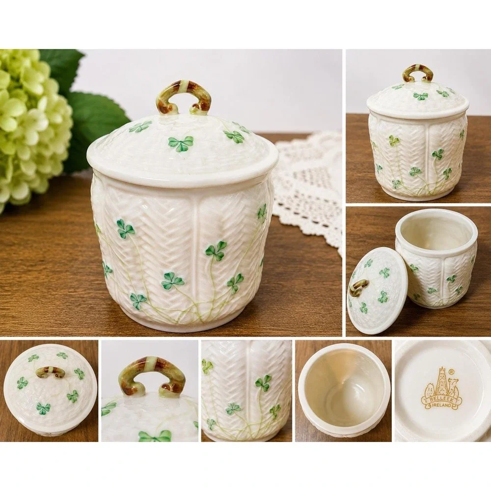VTG Belleek Ireland Shamrock Covered Sugar Bowl basketweave Porcelain Trinket